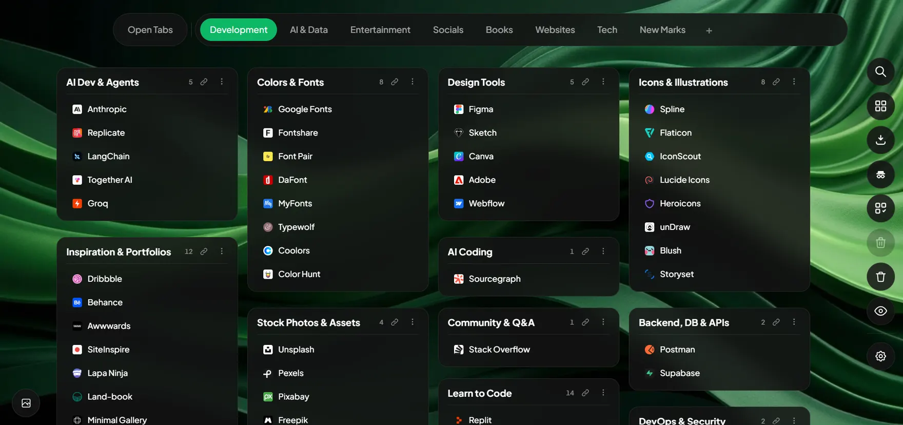 Nook new tab showing bookmarks organized into visual boards